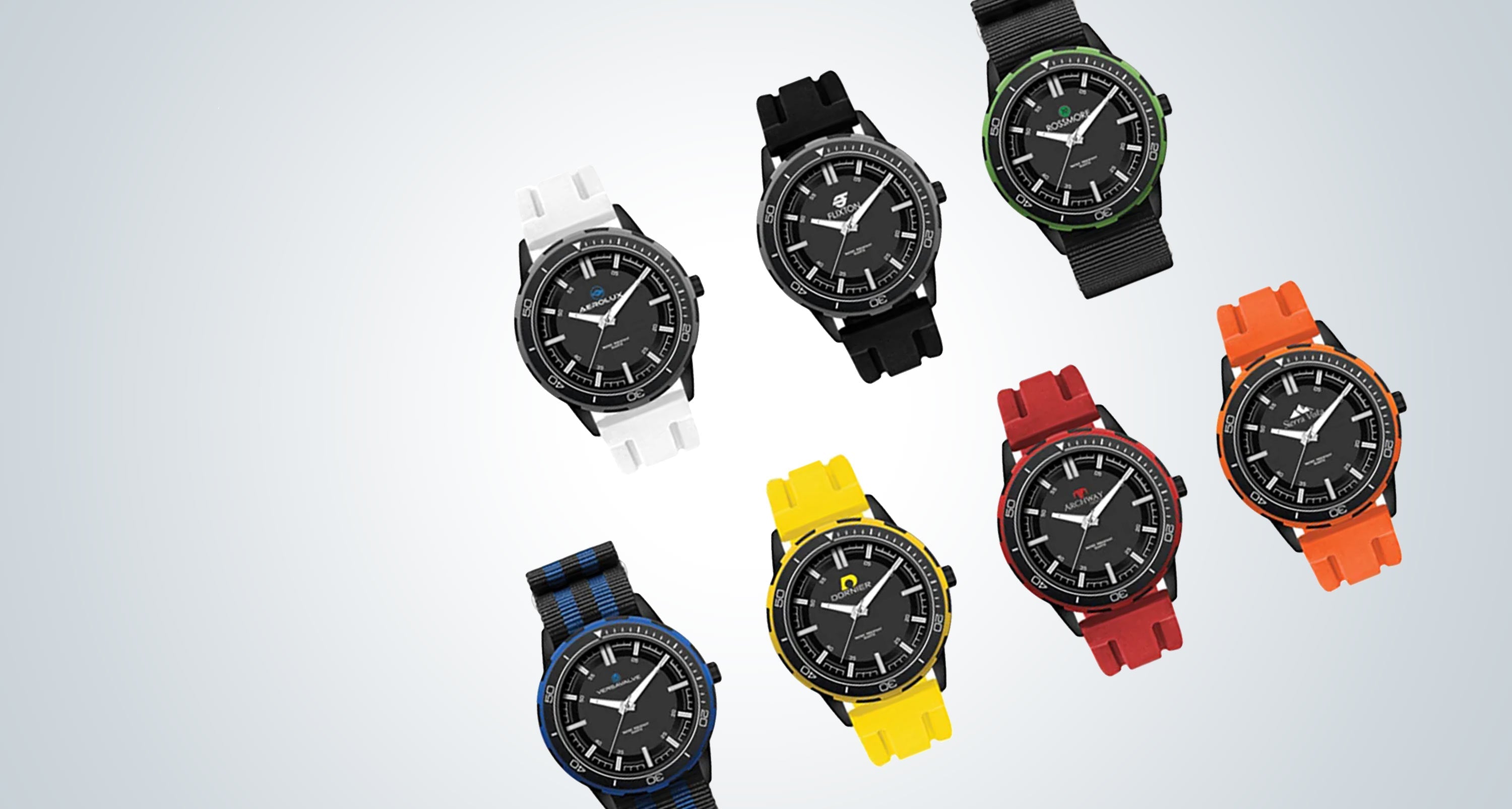 Customizable promotional watches in assorted styles.