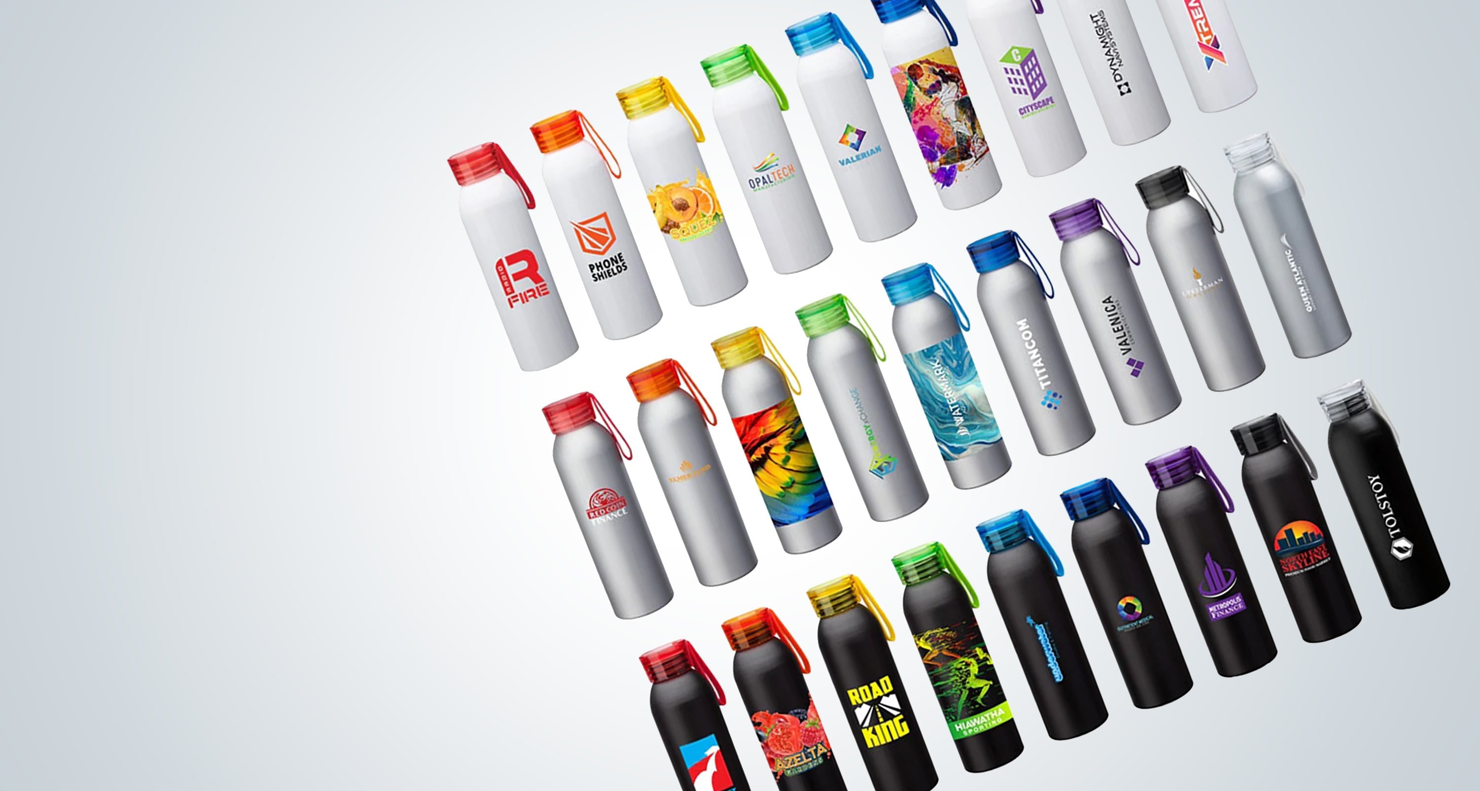 Custom branded drinkware including tumblers, mugs, and water bottles.