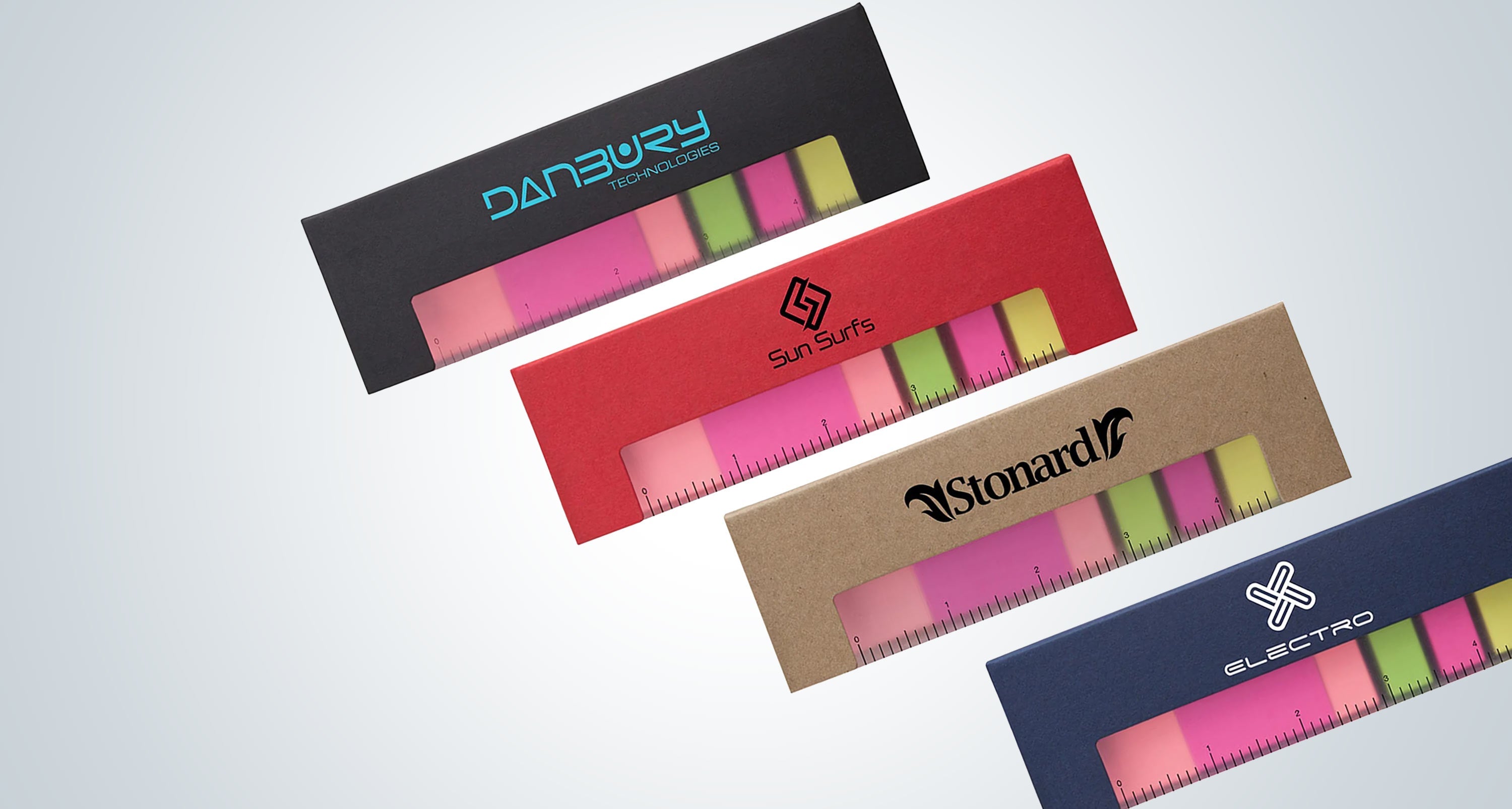 Assorted custom branded promotional office products.