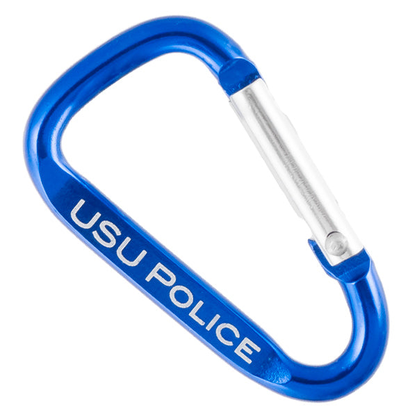 A closeup image of a 50mm royal blue carabiner with a sample engraving on a white background.