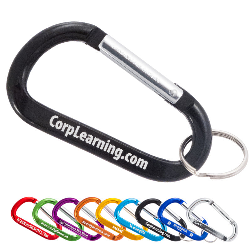 A closeup image of a black 80mm carabiner with ring and a group of 80mm carabiners below it in 9 different colors.