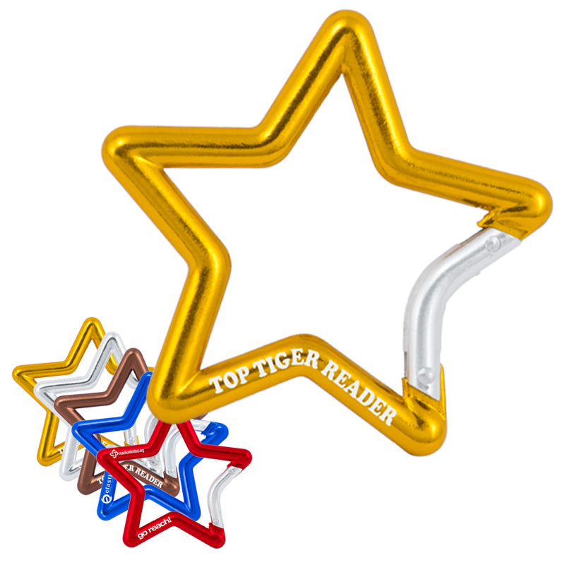 A closeup image of a gold star shape carabiner with sample engraving, and a group of 5 star shape carabiners in different colors on the bottom left side.