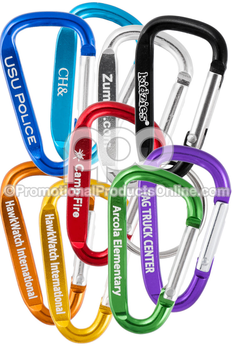 A group of 50mm carabiners in 9 different colors, on a white background.
