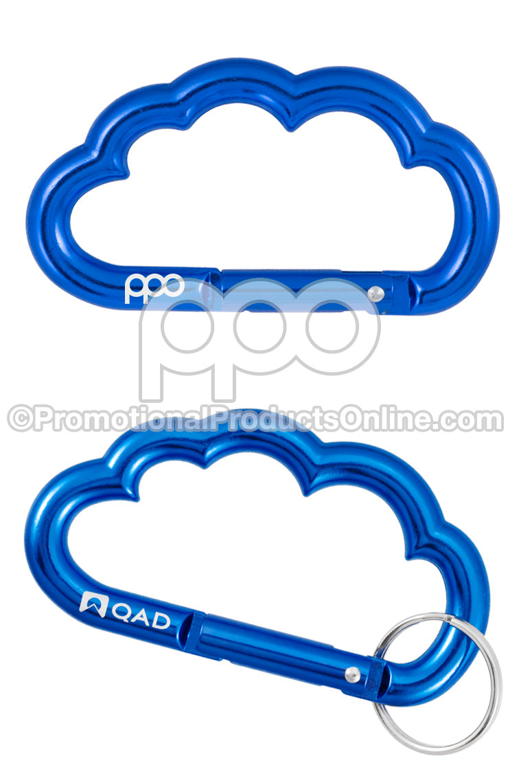 An image of 2 cloud shape carabiners with sample engravings in royal blue on a white background. One has a ring attached and the other has none.