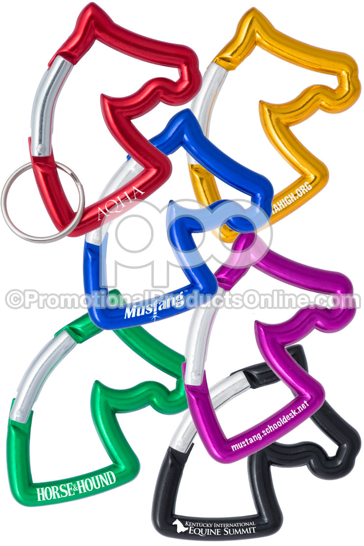 A group of 6 horse shape carabiners with sample engravings in red, gold, royal blue, purple, green and black; on a white background.