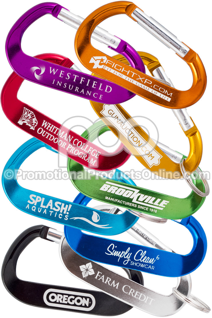 A group of 80MM LogoBeener carabiners shown in 9 different colors on a white background.