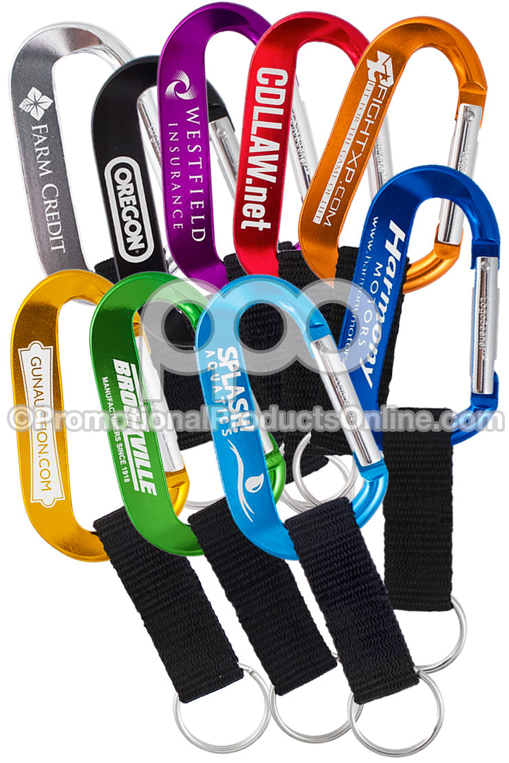 A group of 70MM Logobeener carabiners shown in 9 different colors, with nylon straps.