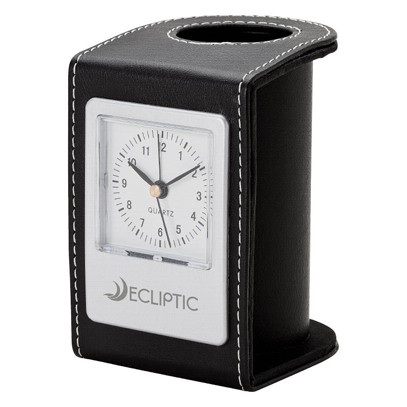 Leatherette Desk Clock with Pen Cup