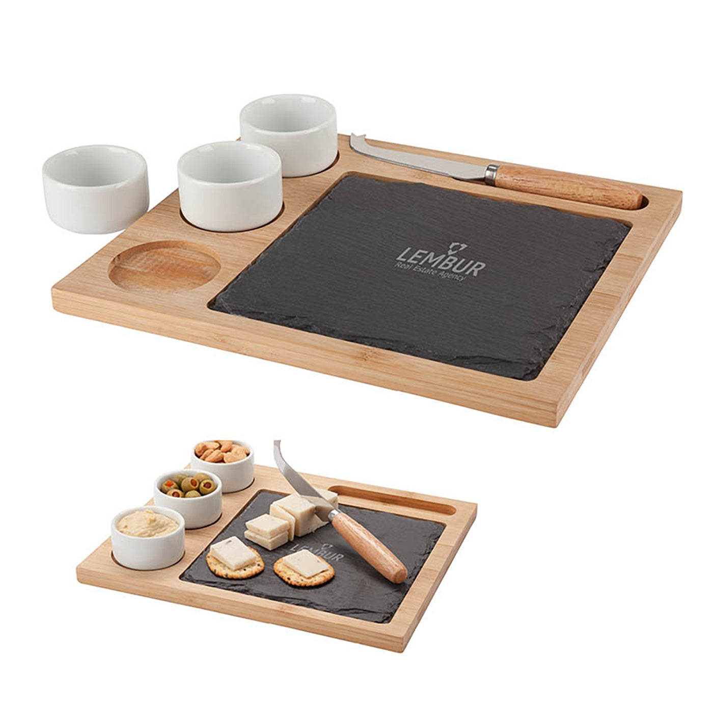 Bamboo Board with Ceramic Bowls Set