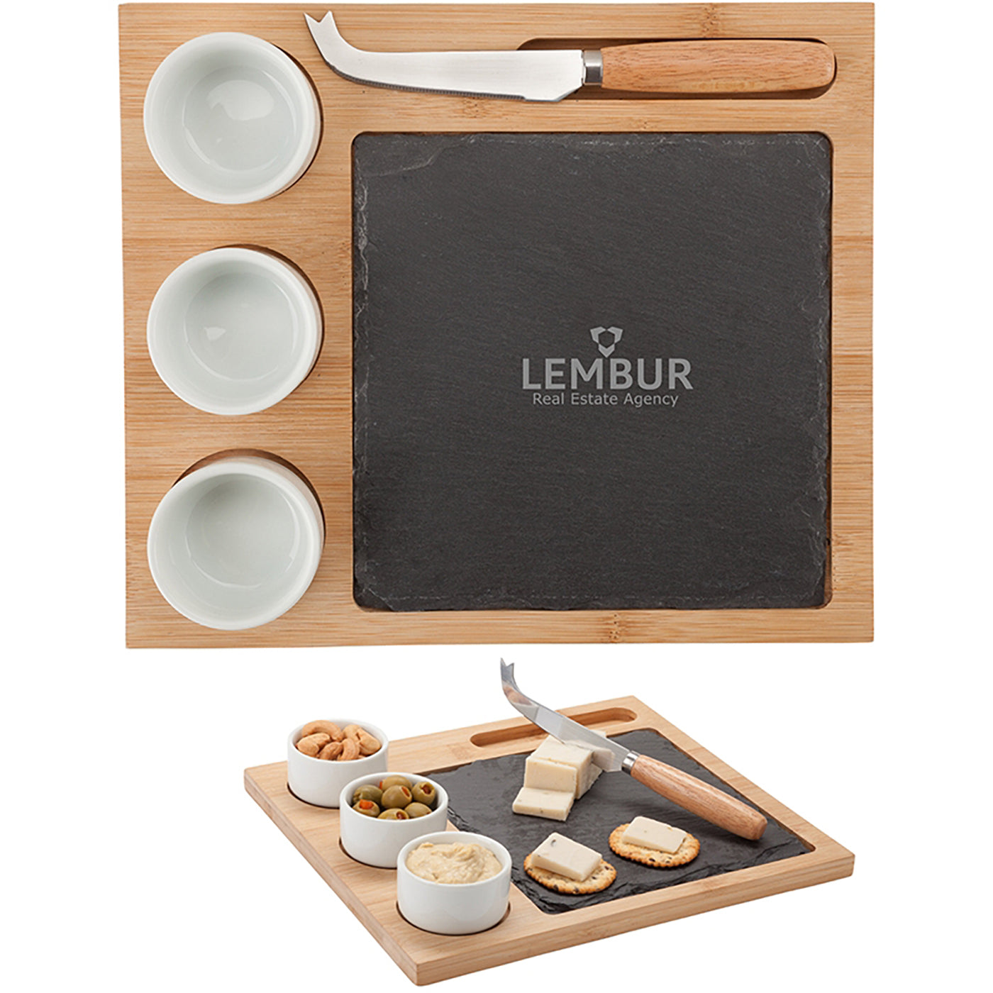 Bamboo Board with Ceramic Bowls Set - EH4360