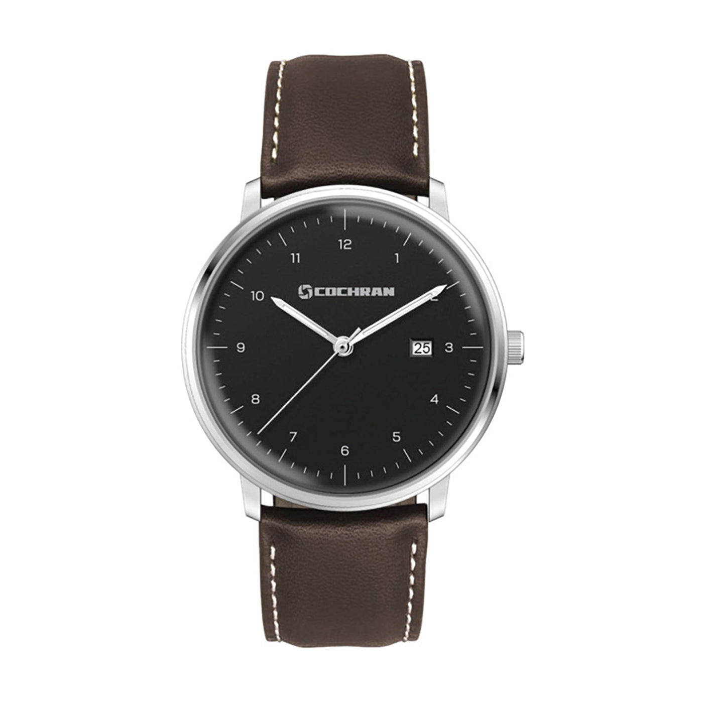 39mm Steel Watch Brown Leather Date Display