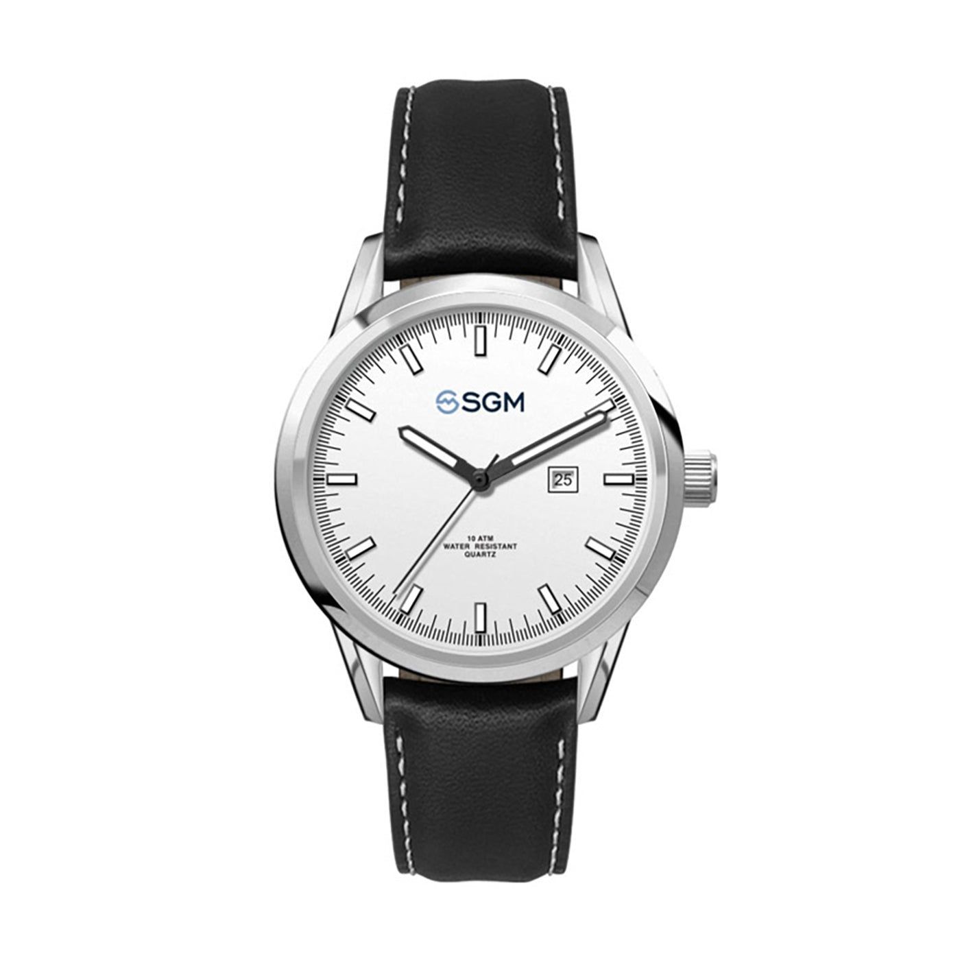 34mm Stainless Steel Watch Black Leather