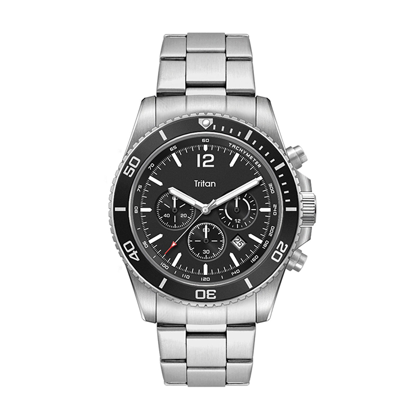 42.5mm Steel Chronograph Watch with Rotating Black Bezel