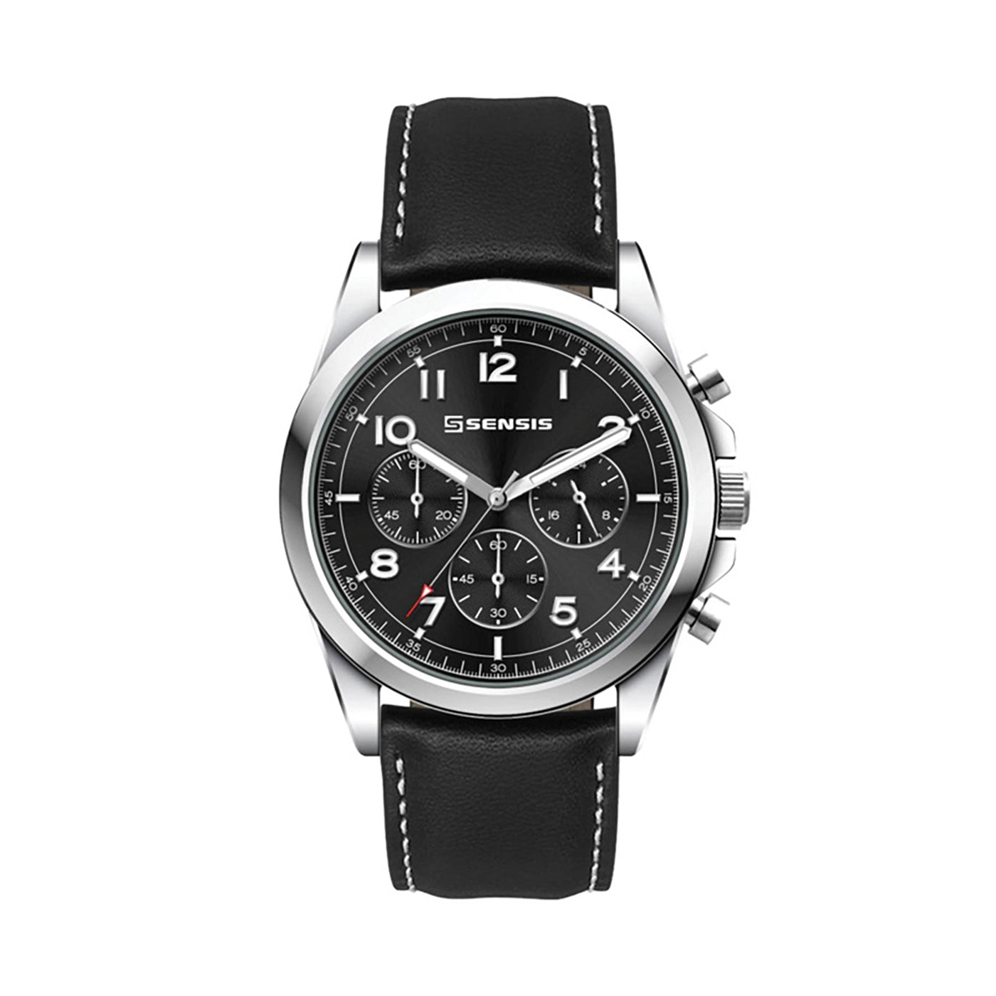 41mm Silver Chronograph Watch - Black Leather