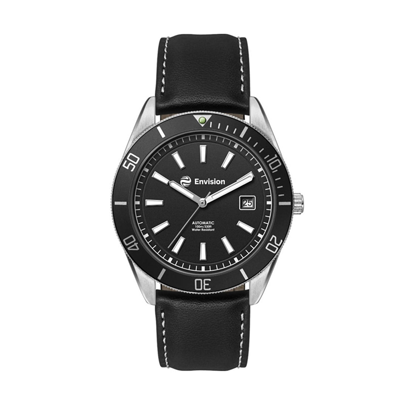 42mm Automatic Steel Watch Black Leather Band - WC8241