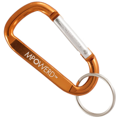 A closeup image of a 60mm orange carabiner with ring and a sample engraving on a white background.