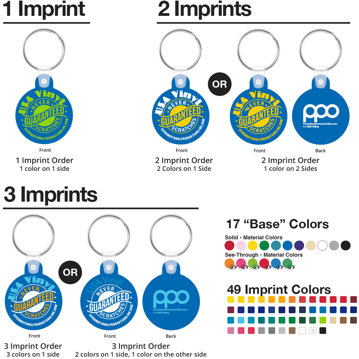 Die-cut vinyl keychain imprint locations and available color options