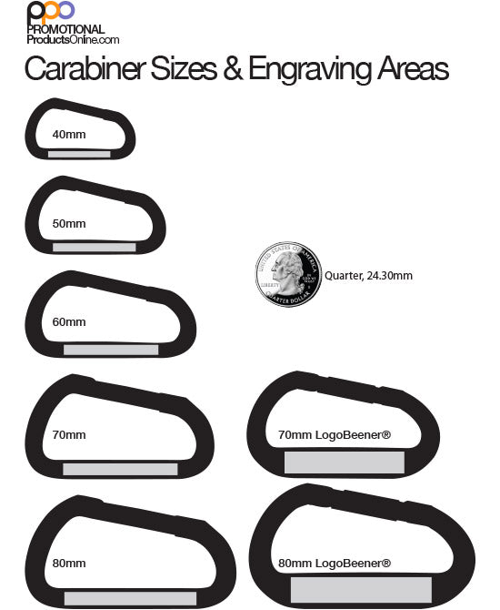 An image showing the different carabiner sizes compared to a coin.