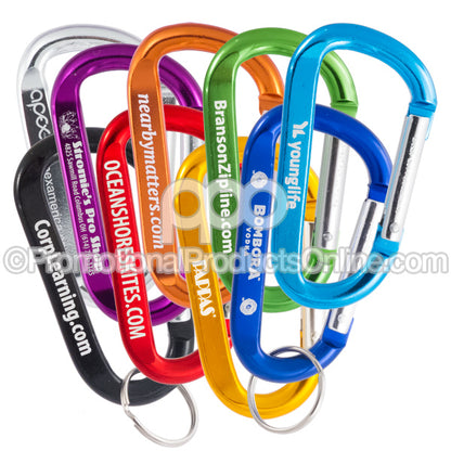 A group of 80mm carabiners in 9 different colors with sample engravings, on a white background.