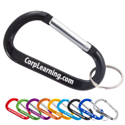 A closeup image of a black 80mm carabiner with ring and a group of 80mm carabiners below it in 9 different colors.