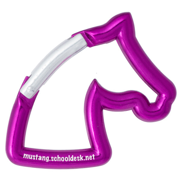 A closeup image of a purple horse shape carabiner with sample engraving, on a white background.