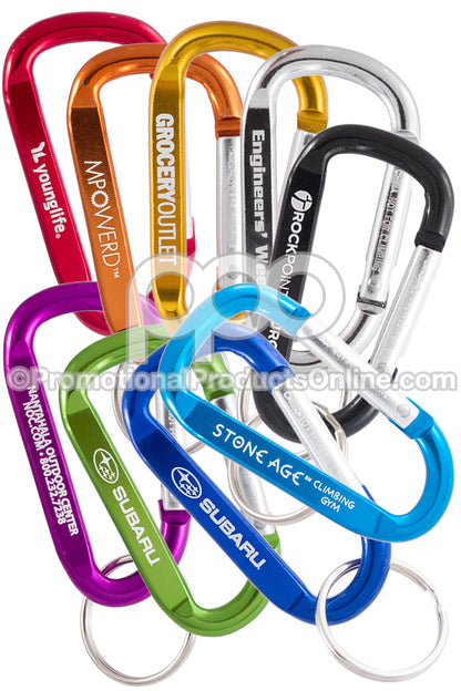 A group of 60mm carabiners in 9 different colors on a white background.
