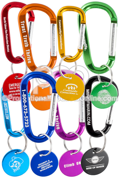 A group of 60mm carabiners with medallions in 8 different colors, on a white background.