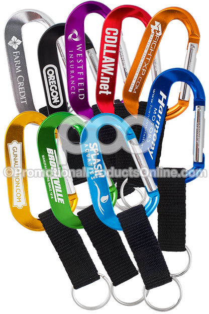 A group of 70MM Logobeener carabiners shown in 9 different colors, with nylon straps.
