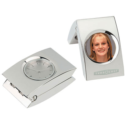 Folding Chrome Clock Photo Frame