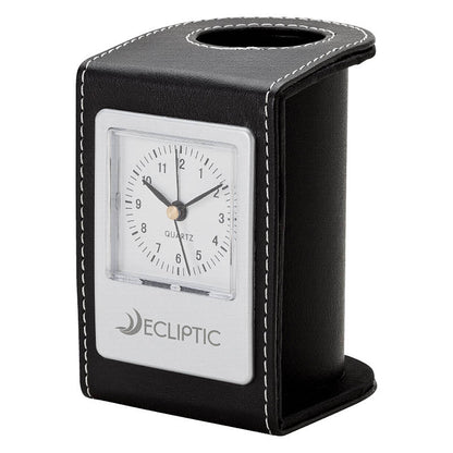 Leatherette Desk Clock with Pen Cup