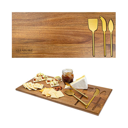 4-Piece Acacia Wood Serving Board with Brass-Finish Knives