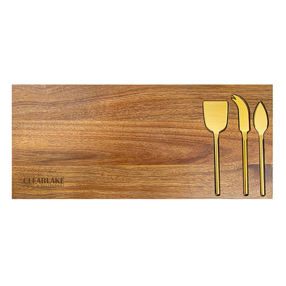 4-Piece Acacia Wood Serving Board with Brass-Finish Knives - EH4365K