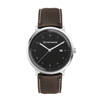 39mm Steel Watch Brown Leather Date Display