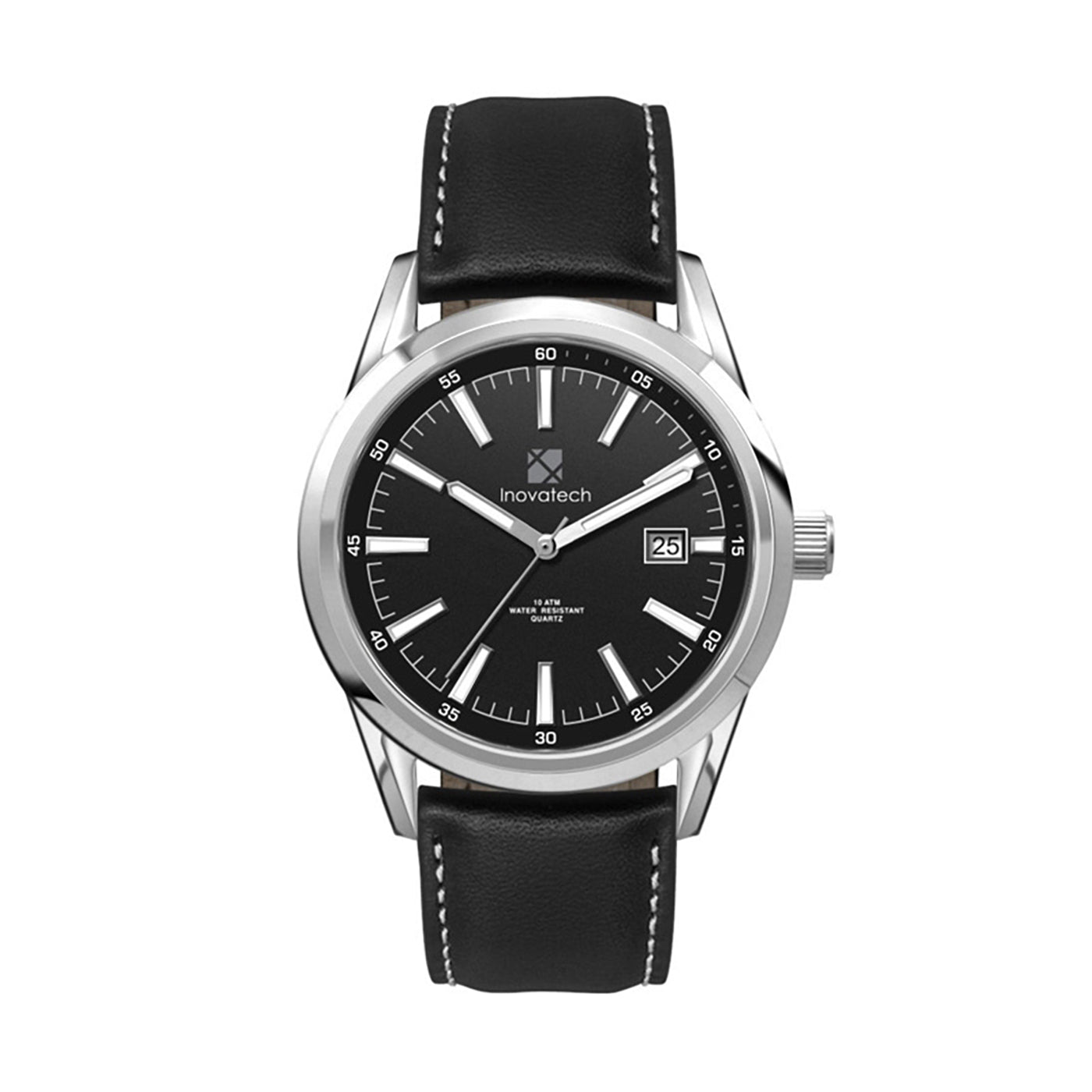 42mm Stainless Steel Watch Black Leather