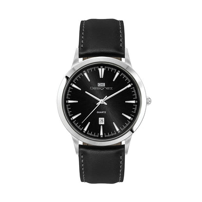 43mm Polished Stainless Steel Watch with Leather Strap