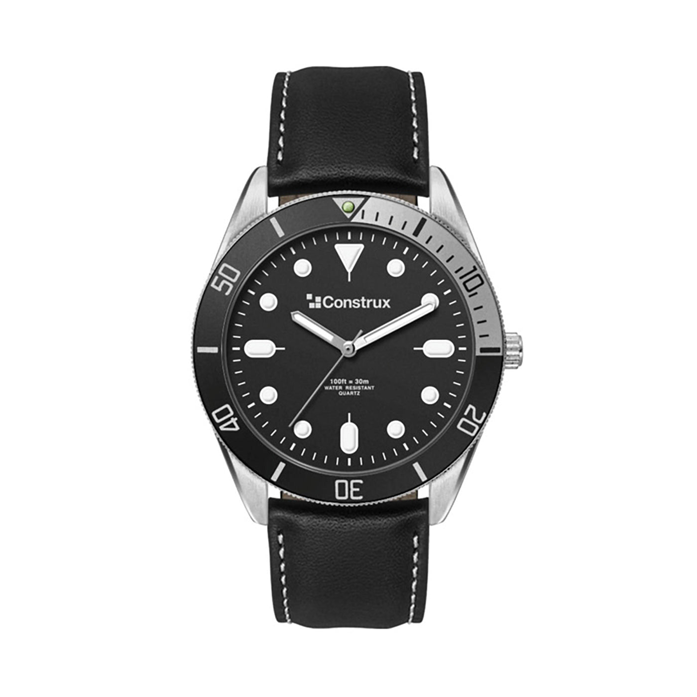 42mm Brushed Silver Watch with Black Leather Strap