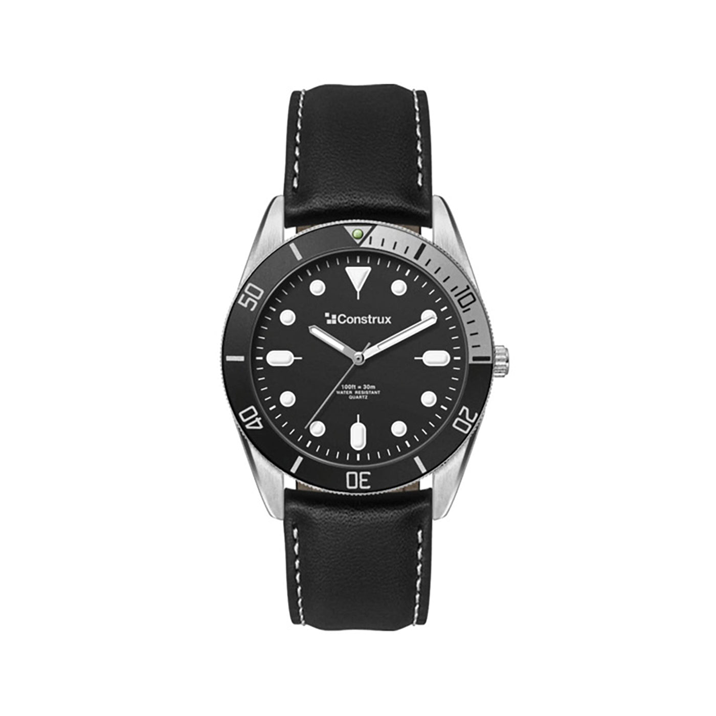 34mm Brushed Silver Watch with Black Leather Strap