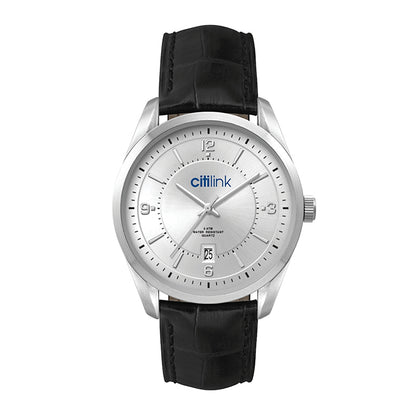 42mm Stainless Steel Watch with Leather Strap