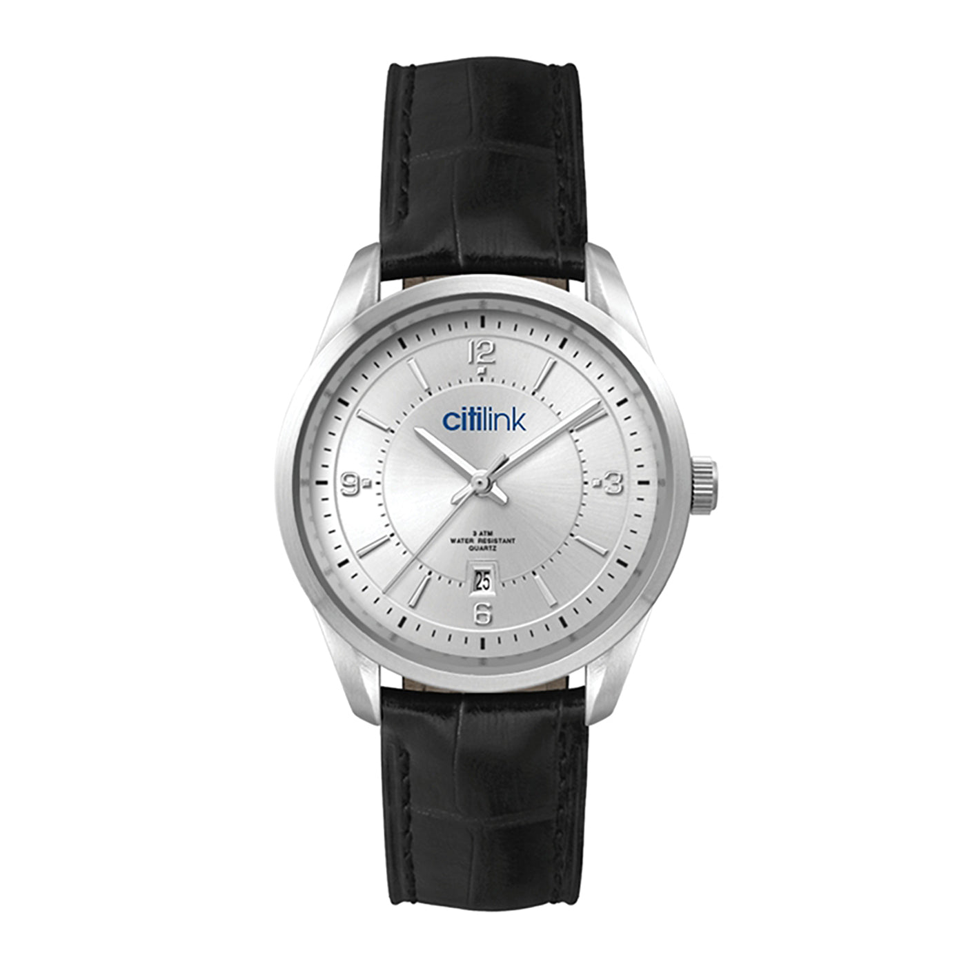 33mm Stainless Steel Watch with Leather Strap