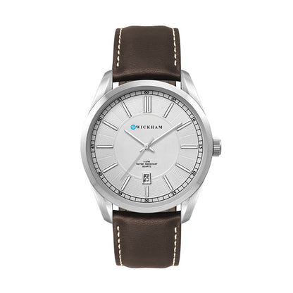 42mm Brushed Metal Watch with Brown Leather