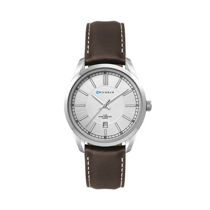 33mm Brushed Metal Watch with Brown Leather