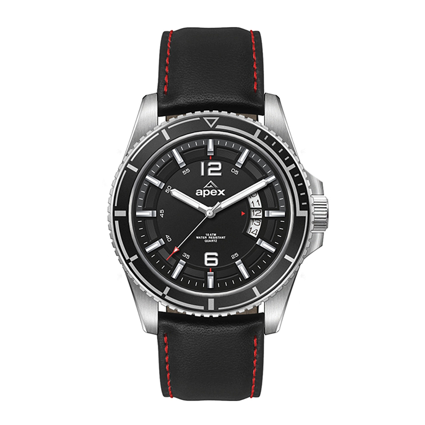 Silver Steel Watch Black Leather Strap