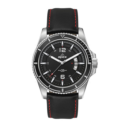 Silver Steel Watch Black Leather Strap - WC5256