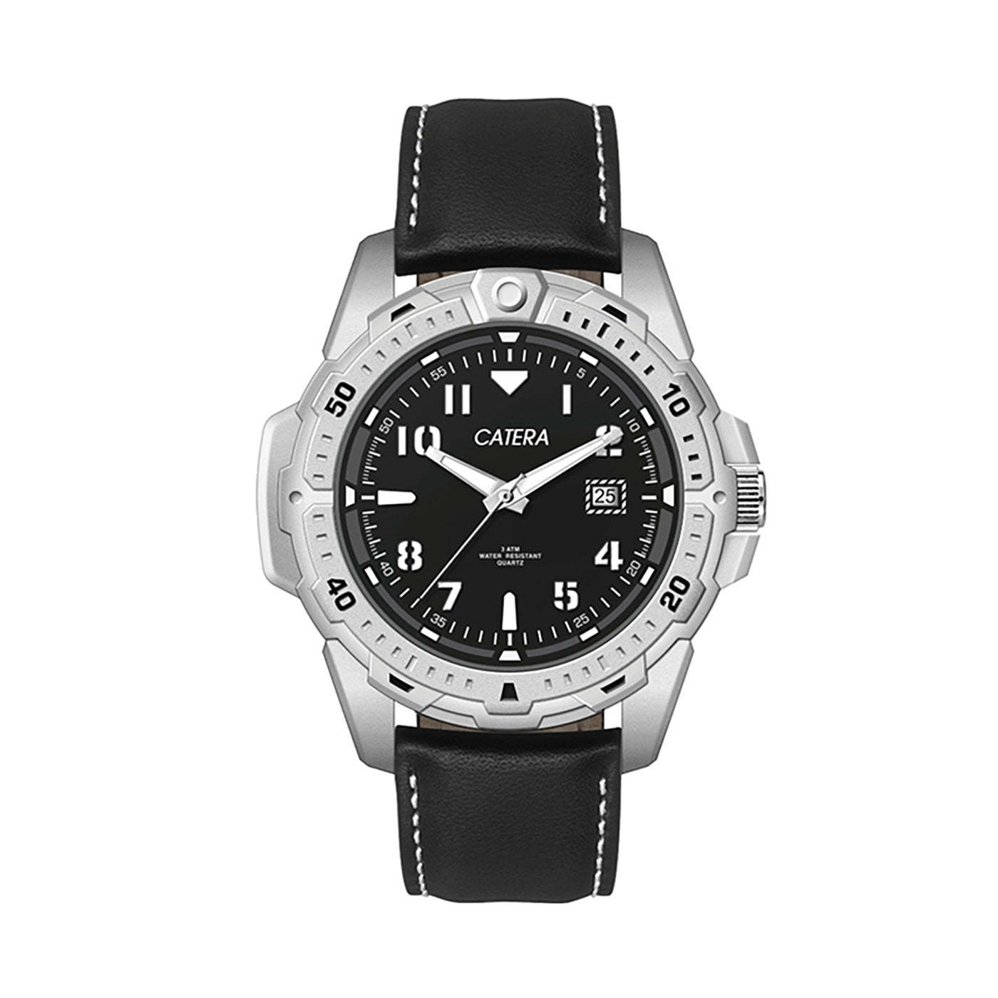 45mm Stainless Steel Three-Hand Watch with Leather Strap