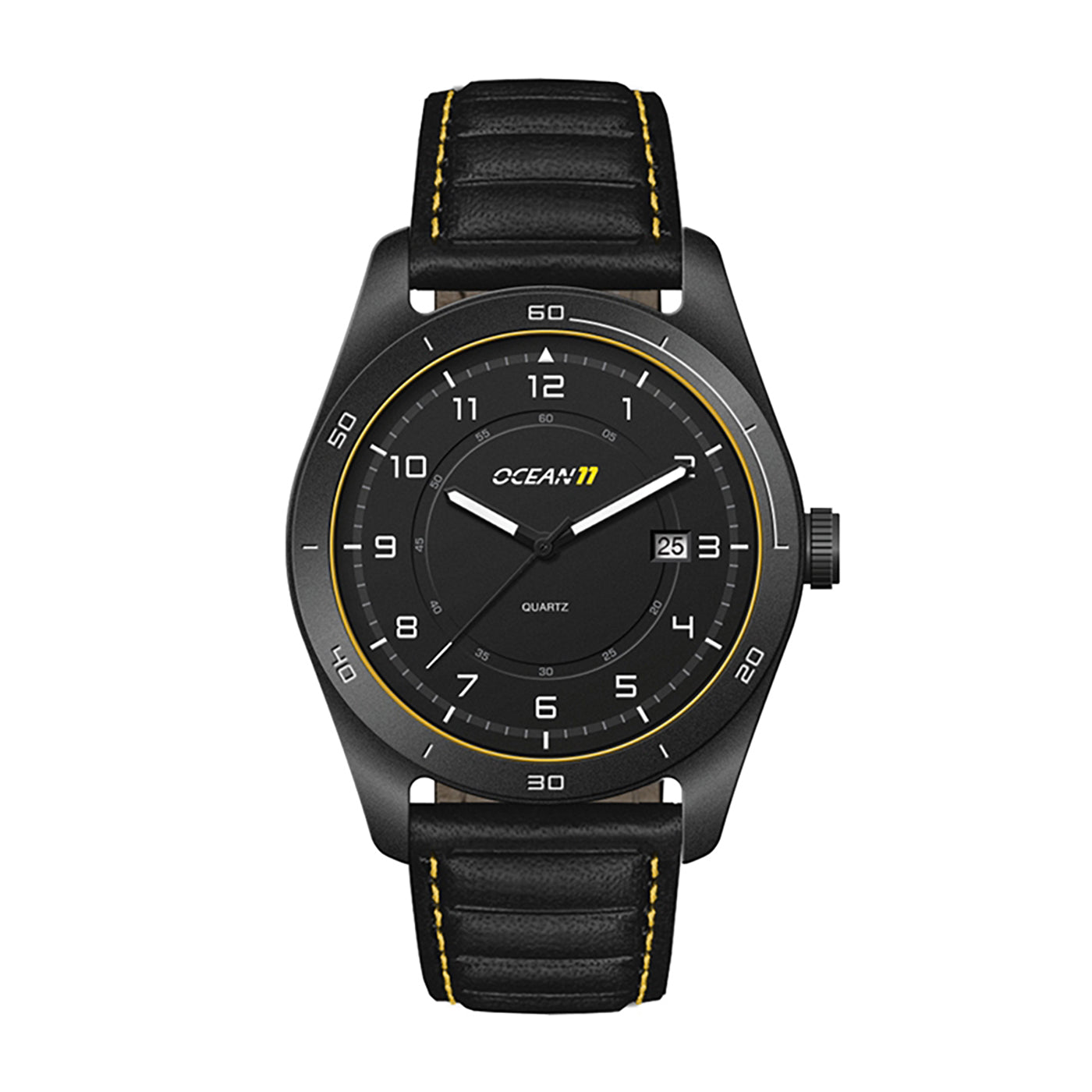 42mm Black Steel Watch with Leather Strap