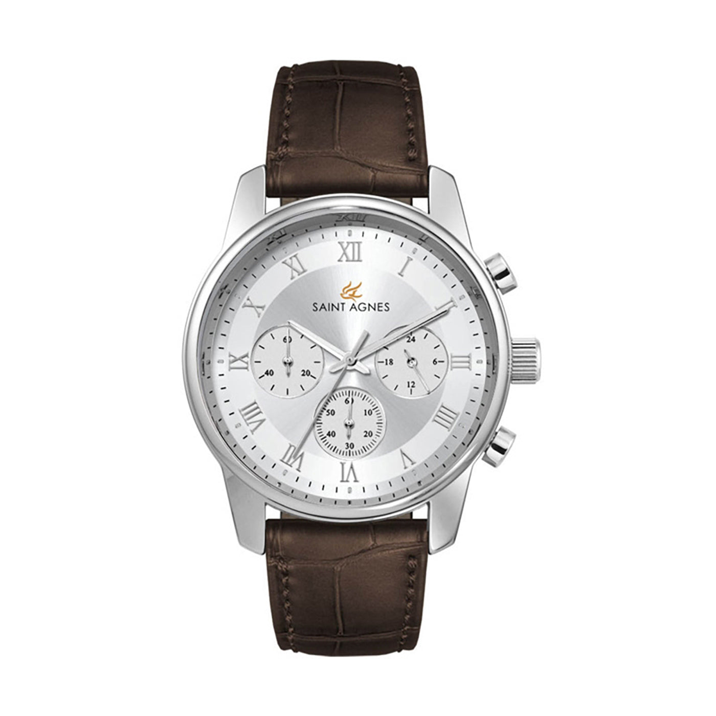 41mm Silver Chronograph Leather Strap Watch
