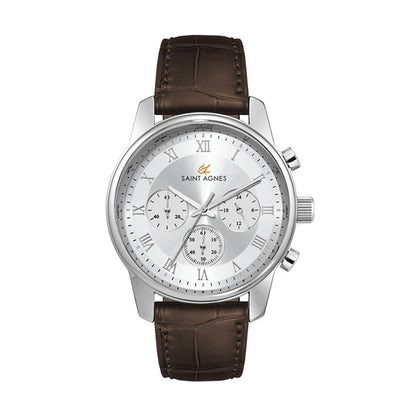 41mm Silver Chronograph Leather Strap Watch