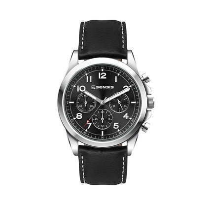 41mm Silver Chronograph Watch - Black Leather - WC8035
