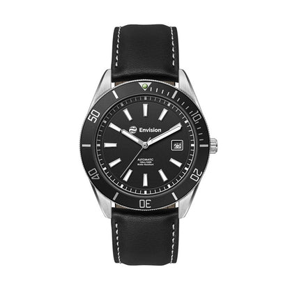 42mm Automatic Steel Watch Black Leather Band - WC8241