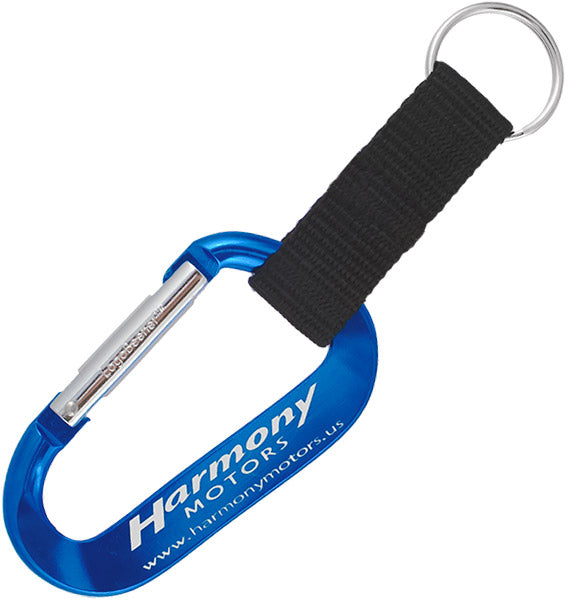 A closeup image of a 70MM royal blue LogoBeener carabiner with a nylon strap, on a white background.